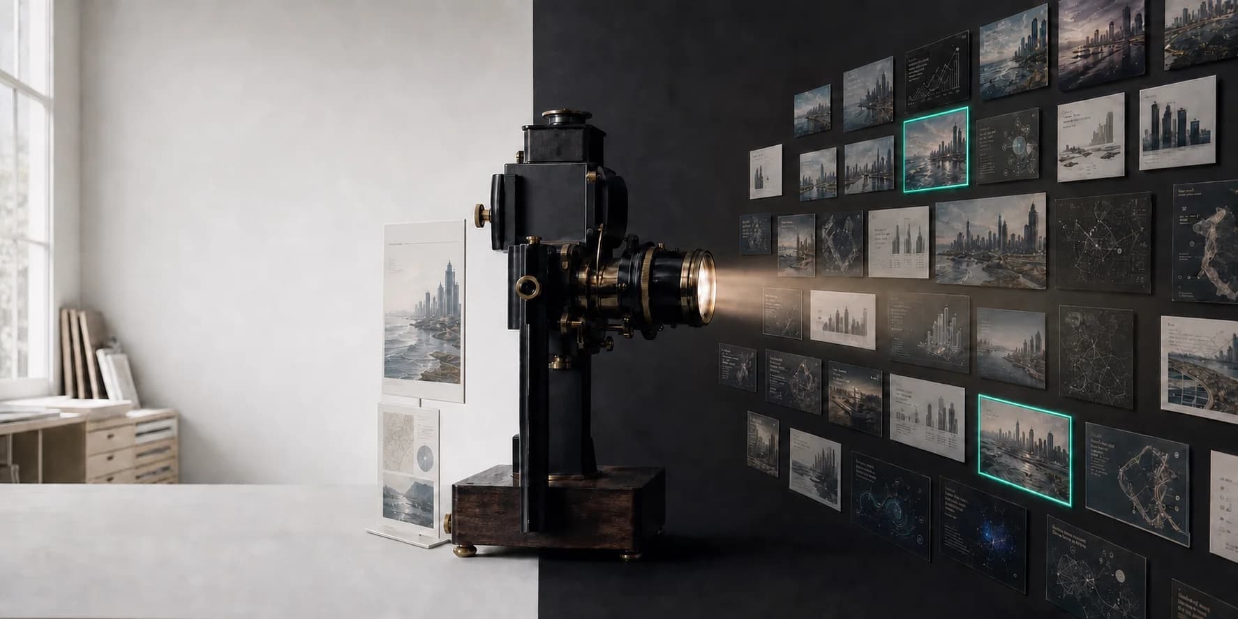 Conjurer’s imagined creative studio: a projector beside a wall of alternative slide designs.