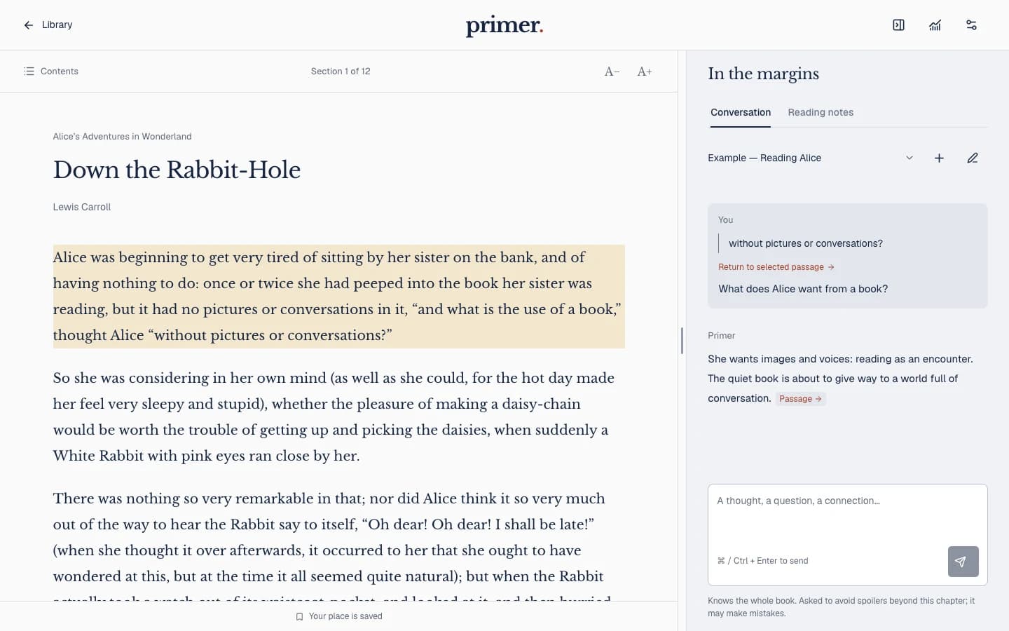 Primer’s reader, with a passage from Alice’s Adventures in Wonderland selected beside an example conversation.