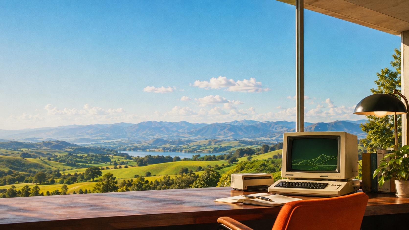 A sunlit research office overlooking green hills, with a walnut desk and a vintage computer.